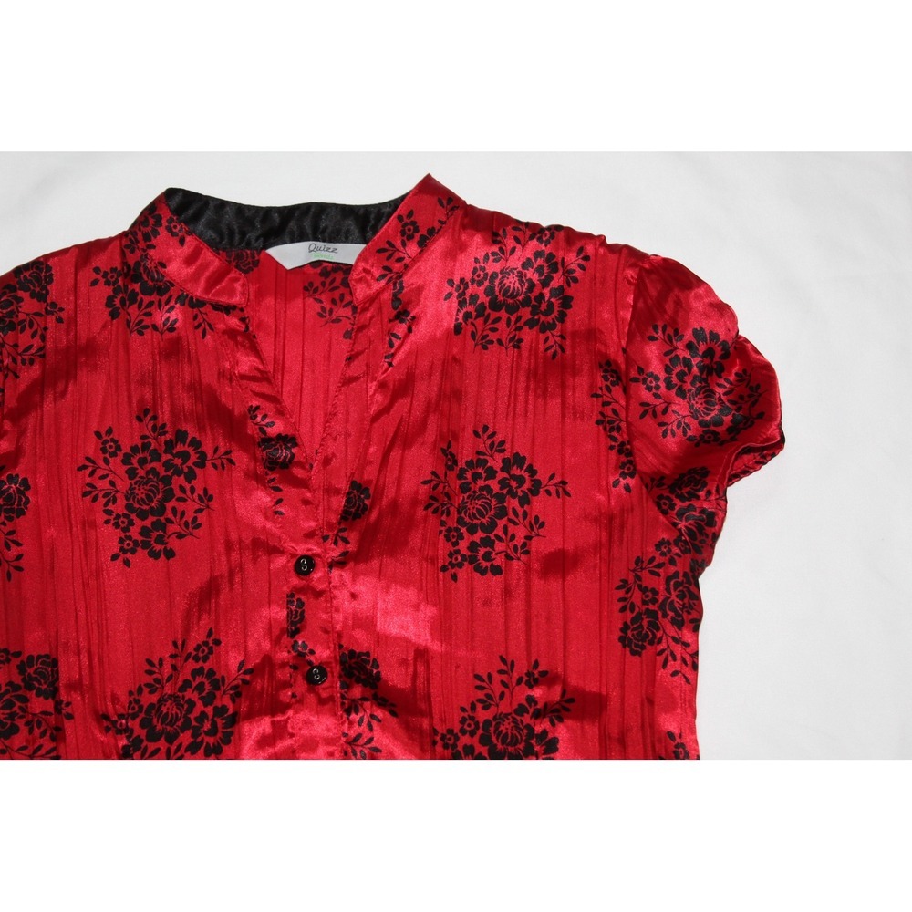 Y2K women's crinkled satin red black floral button down ruched short sleeve - Picture 5 of 10